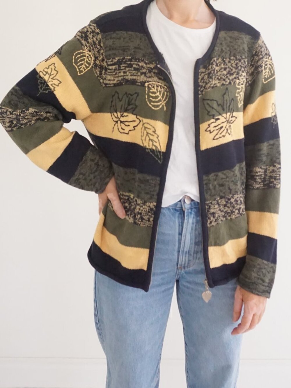 Vintage Christopher & Banks Green Leaf Embroidered Zip Front Knit Cardigan XL